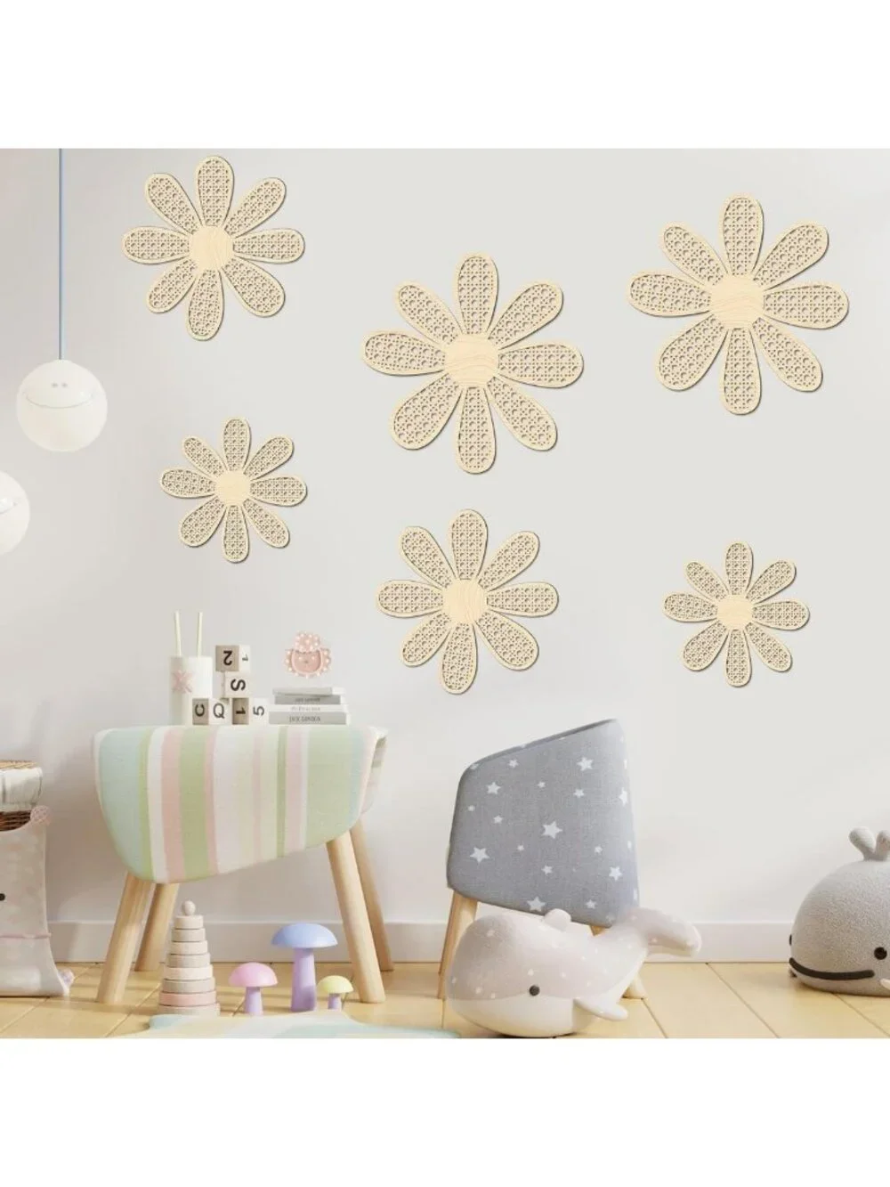 Boho Wooden Daisy Flower Wall Decor Set - 6 Pcs Rustic Home Accent Decor